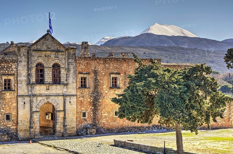HDR, main entrance, national flag, forecourt, tree, Ida massif, Psiloritis, snow-capped mountain, Arkadi, Orthodox Monastery, national monument, Rethimnon province, Crete, Greece, Europe