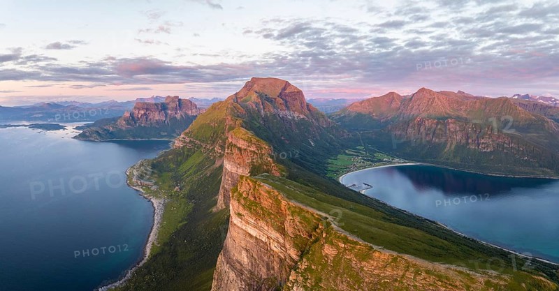 View from Finnesfjellet mountain to mountains and coast, evening mood, Finnes, Helgeland coast, Bodø, Nordland, Norway, Europe