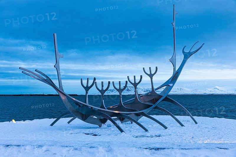 Viking Ship Sculpture at Dawn, Sun Voyager, Reykjavik, Reykjanes Peninsula, Sudurnes, Iceland, Europe
