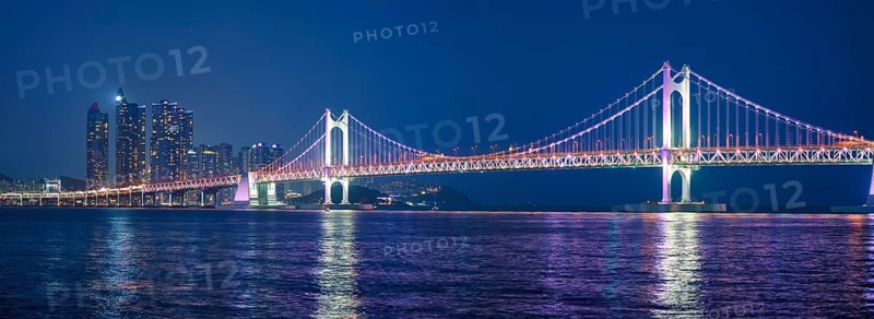 Panorama of Gwangan Bridge and skyscrapers illuminated in the night. Busan, South Korea, Asia