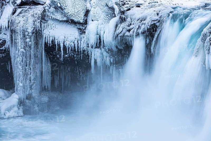 Godafoss waterfall, icy and snowy rock face, Northern Iceland Eyestra, Iceland, Europe