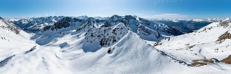 Alpine panorama, Mitterzeigerkogel, aerial view, peaks and mountains in winter, Sellraintal, Kühtai, Tyrol, Austria, Europe