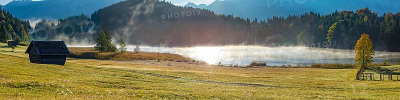 Sunrise and morning fog, Geroldsee, Klais near Mittenwald, Werdenfelser Land, Upper Bavaria, Bavaria, Germany, Europe