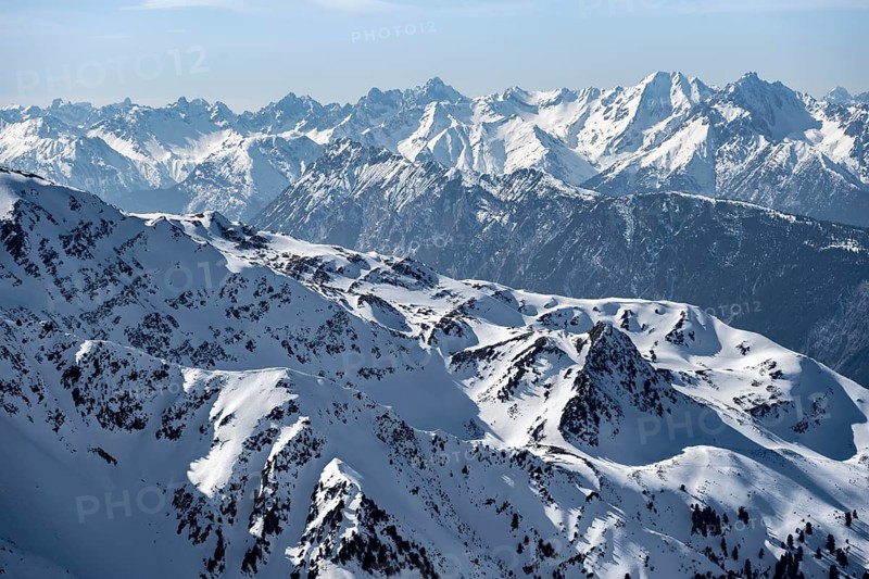 Peaks and mountains in winter, Sellraintal, Stubai Alps, Kühtai, Tyrol, Austria, Europe