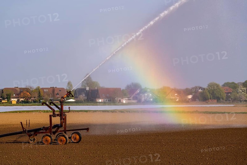 Artificial irrigation of a field, freshly sown, in April, with a sprinkler system, long dry spell in spring makes this necessary for the young plants to grow well, near Kerken, Lower Rhine, North Rhine-Westphalia, Germany, Europe
