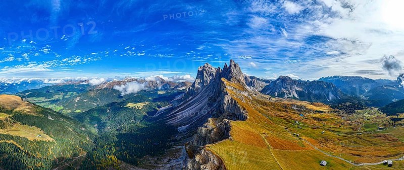 The peaks Sas Rigais and Furchetta of the Geisler group, wide-angle panoramic photo, drone photo, Val Gardena, Dolomites, Autonomous Province of Bolzano, South Tyrol, Italy, Europe