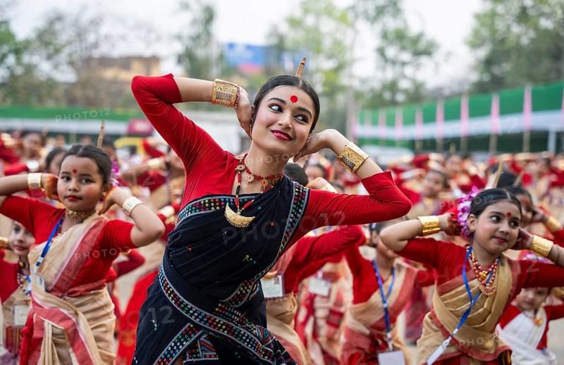 Participants with an instructor dance on the final day of a Bihu dance workshop ahead of Rongali Bihu Festival, in Guwahati, Assam, India on 12 April 2025