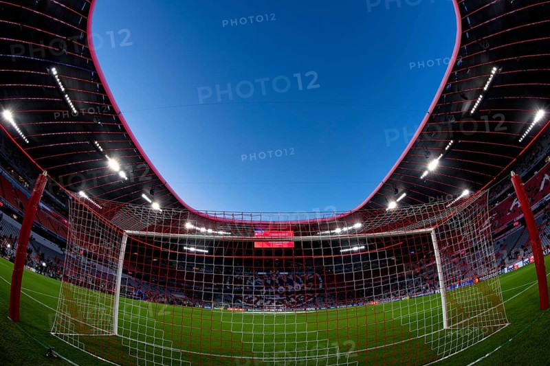 Overview, interior, floodlit match, behind-the-goal perspective, goal net, blue hour, fisheye shot, Champions League, Allianz Arena, Munich, Bavaria, Germany, Europe