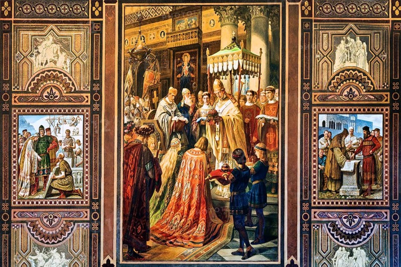 Left Foundation of the Villa regalis in Goslar in 1017 by Henry II, centre Coronation of Henry II in Rome in 1014, right Benno directs the construction of the imperial house in Goslar under Henry III, murals in the Goslar Imperial Hall by Hermann Wislicenus, Lower Saxony, Germany, Europe