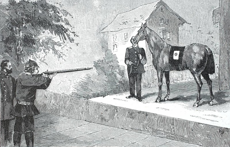 Test of the Dowe bulletproof armour, shooting attempt at a horse with a bulletproof vest, Heinrich Dowe, Mannheim, around 1890, Germany, digital reproduction of an original 19th century model, historical, A man aims a gun at a horse marked with a target, Europe