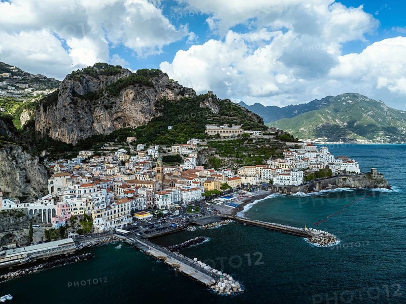 Amalfi from a drone, Salerno, Campania, Italy, Europe