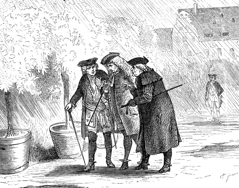 The King's favourites, General von Grumbkow (left), Gundling and Austrian envoy Count Seckendorf (right) in conversation, Prussian history, historical illustration 1882