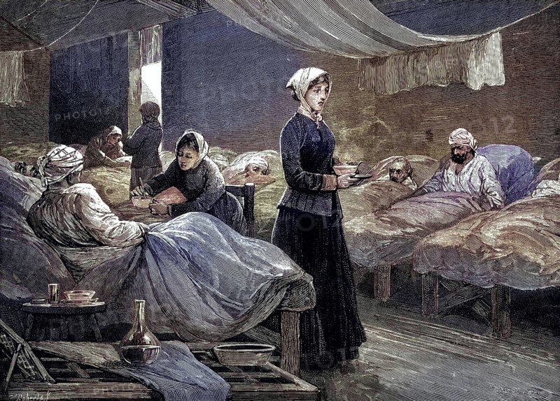 Florence Nightingale (12 May 1820 - 13 August 1910) was a British nurse, statistician, founder of modern western nursing, in the barrack hospital at Scutari during the Crimean War (1853-56), Wood engraving c1880., Historic, digitally restored reproduction from a 19th century original, Record date not stated