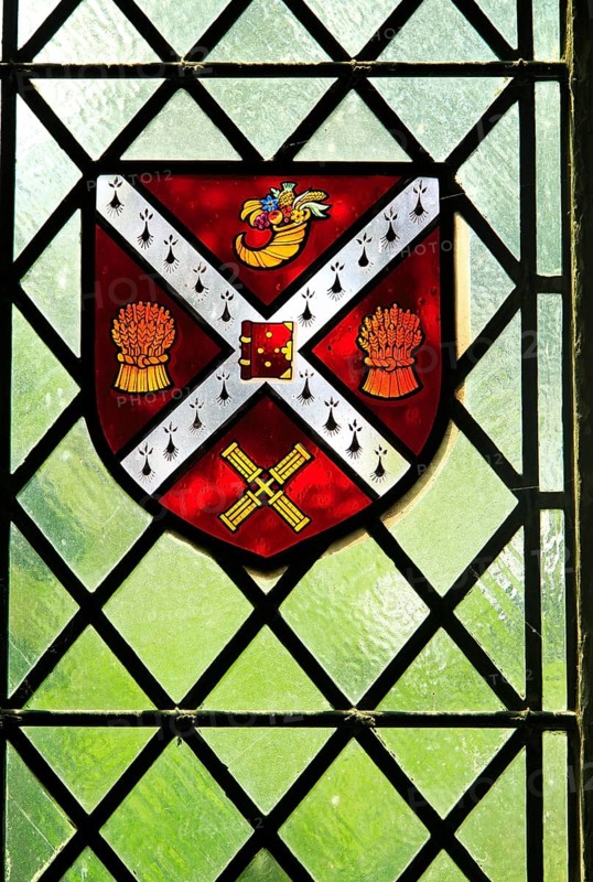 Stained glass heraldry picture, Ely cathedral, Cambridgeshire, England, UK