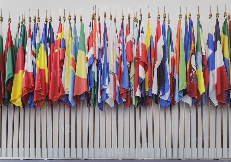 Flags in front of the courtroom at the International Tribunal for the Law of the Sea during the Foreign Minister's trip to Germany in Hamburg, 26 July 2024. /