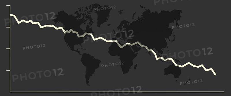 Illustration with falling share price and a world map symbolising a declining (world) economy
