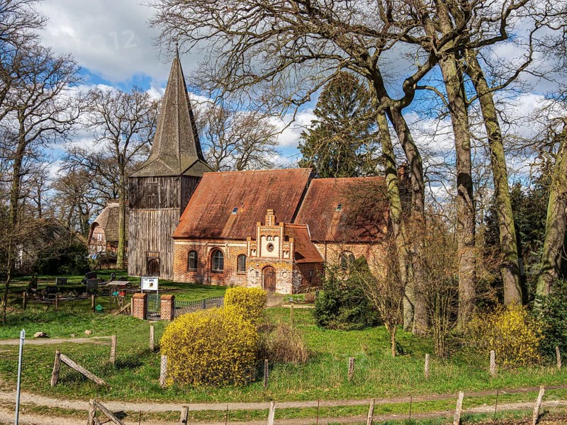 Early spring at the church of Modlich, located a the Elbe cycle route between Domitz and Lenzen, Germany, Europe