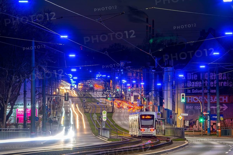 The Blue Ribbon, a light installation along Kurt-Schumacher-Straße, in Gelsenkirchen Schalke, 2.7 km long, organised by the Schalker Markt Foundation, North Rhine-Westphalia, Germany, Europe