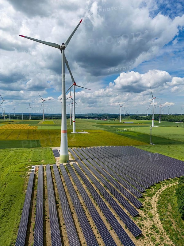 Wind farm near Marsberg, photovoltaic system, utilisation of land for renewable energies, Hochsauerlandkreis, North Rhine-Westphalia, Germany, Europe