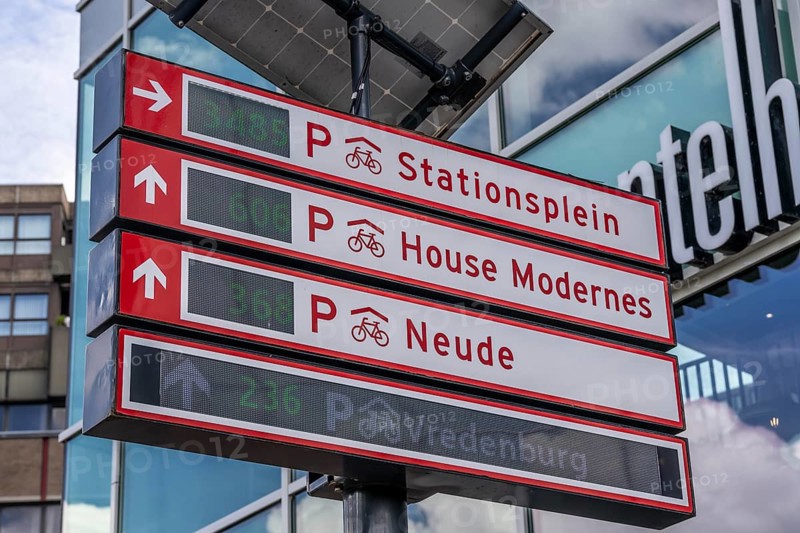 Display board, bicycle car park at Utrecht Centraal Central Station, Stationsplein, 3 underground floors, over 13, 000 parking spaces, considered the largest bicycle car park in the world, Utrecht, Netherlands