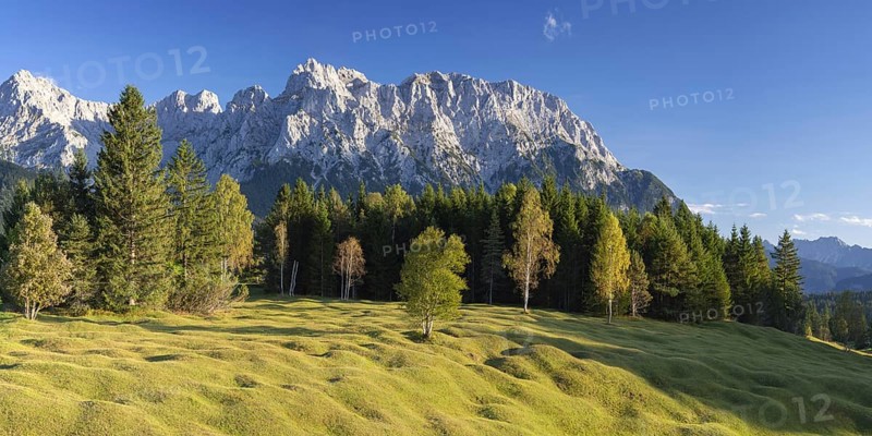 Hummock meadows between Mittenwald and Krün, Werdenfelser Land, with the Karwendel mountains behind, Upper Bavaria, Bavaria, Germany, Europe