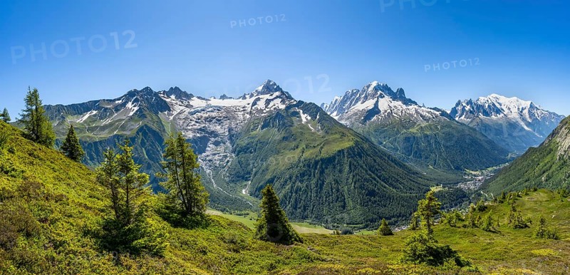 Mountain panorama with glaciated mountain peaks, Aiguille de Chardonnet with Glacier du Tour, Aiguille Verte with Aiguille du Midi and Mont Blanc, hike to Aiguillette des Posettes, Chamonix, Haute-Savoie, France, Europe