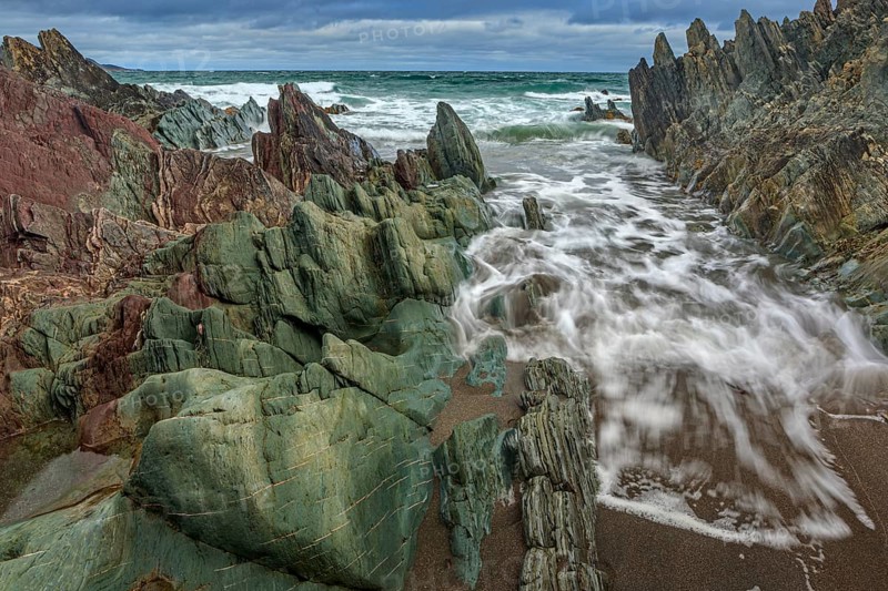 Colourful rocks, rock, coast, sea, waves, cloudy, Varanger Peninsula, Norway, Europe