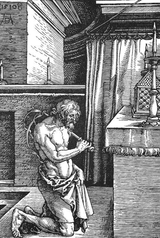 The repentant penitent who scourges himself with the whip, Sinner, Scourging, Punishment, Historical, digitally restored reproduction from a 19th century original, c. 1890, Record date not stated