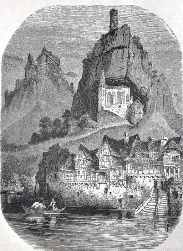 Historical, digitally restored reproduction from a 19th century original, Record date not stated, Oberstein and the Felsenkirche in 1855, today Idar-Oberstein, Rhineland-Palatinate, Germany, Europe