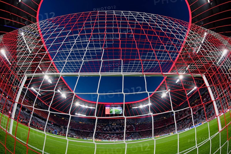 Overview, interior, floodlit match, behind-the-goal perspective, goal net, blue hour, fisheye shot, Champions League, Allianz Arena, Munich, Bavaria, Germany, Europe
