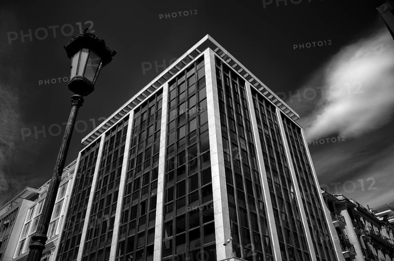 Lantern. House facade, modern, black and white, Thessaloniki, Macedonia, Greece, Europe