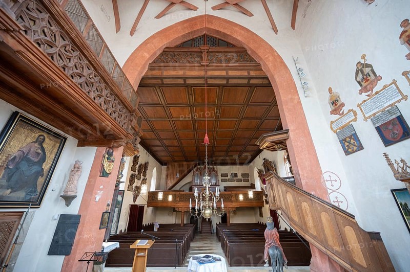 View into the nave with organ loft, Gothic St Mary's Church, Kalbensteinberg, Middle Franconia, Bavaria, Germany, Europe