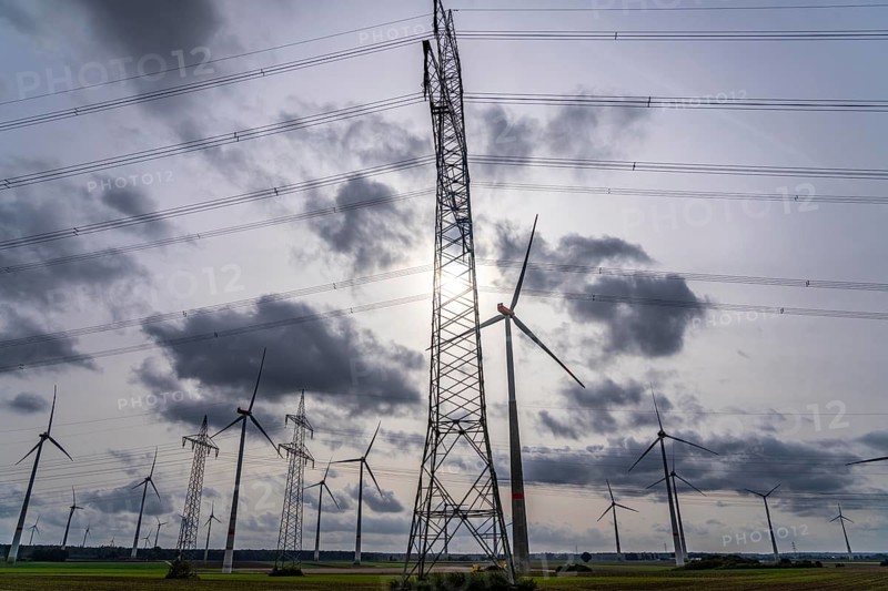 Wind farm, power line, high-voltage pylons, east of Bad Wünnenberg, OWL, North Rhine-Westphalia, Germany, Europe