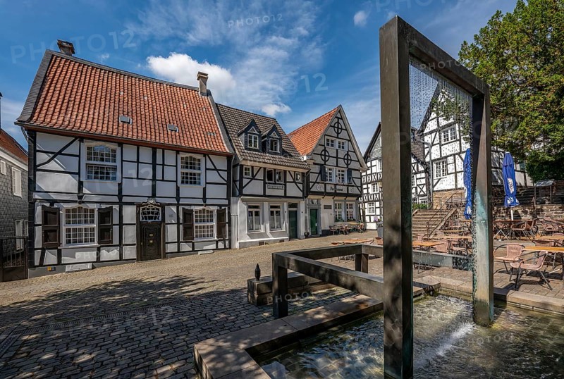 The old town centre of Essen-Kettwig, Ruhrstrasse, Weberbrunnen, Essen North Rhine-Westphalia, Germany, Europe