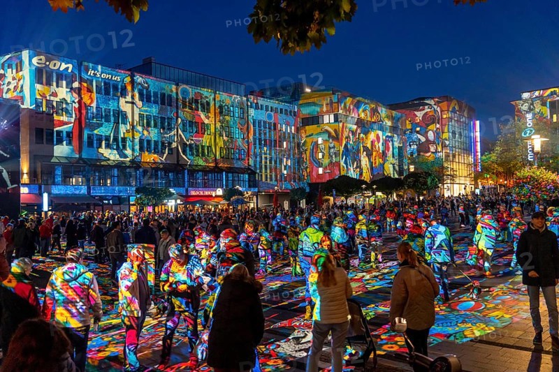 Essen Light Festival, in the city centre, light art on Kennedyplatz, the Berlin artist Daniel Margraf illuminates the large square in the city centre with works of art from the Essen Folkwang Museum, the visitors become part of the pictures that change with every step. North Rhine-Westphalia, Germany, Europe