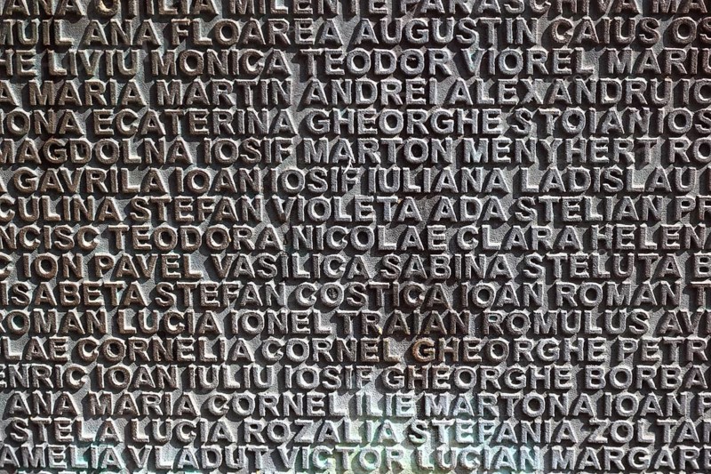 Banat, Timisoara, Timisoara, old town centre, names on a fountain, metal plate with names, Romania, Europe