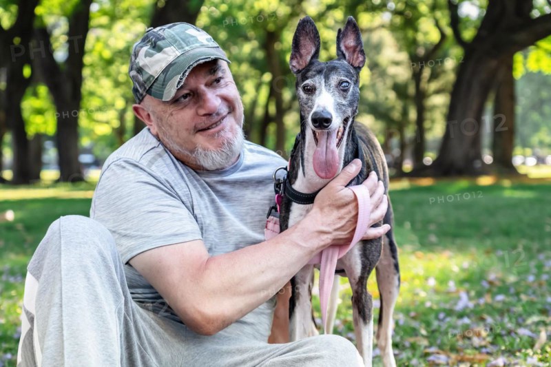 Close-up of a mature bald man smiles while sitting with his greyhound in the park