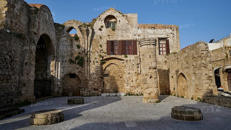 Church of the Holy Virgin of Burgh, Old historical ruins with stone arches and remains of traditional buildings, under blue sky, Rhodes Old Town, Rhodes Town, Rhodes, Dodecanese, Greek Islands, Greece, Europe