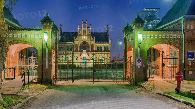 Zollern colliery entrance area illuminated Dortmund Germany