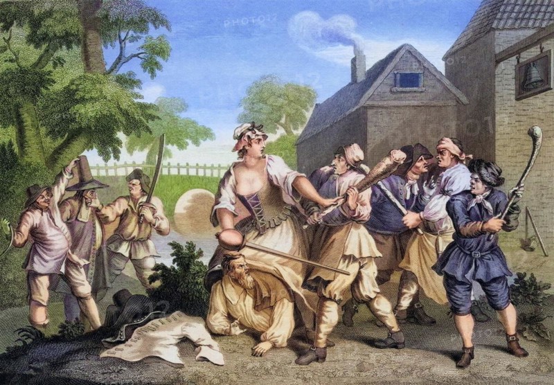 Hudibras The Knight Submits to Trulla Engraved by F F Walker after Hogarth from The Works of Hogarth published London 1833, Historisch, digital restaurierte Reproduktion von einer Vorlage aus dem 19. Jahrhundert, Record date not stated