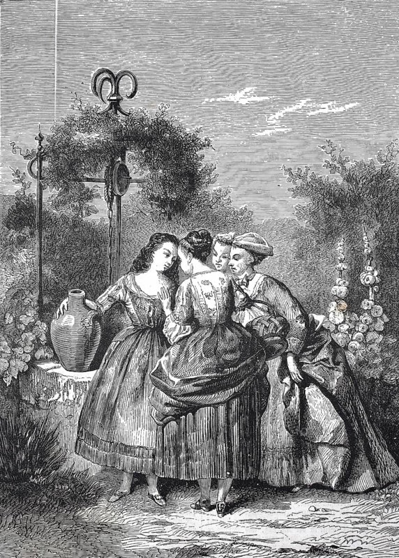Historical, digitally restored reproduction from a 19th century original, Record date not stated, The secret of the woman. Four woman standing at the fountain and talking discreetly