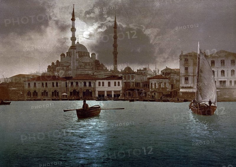 Yeni Cami, the New Mosque, by moonlight, Constantinople, Istanbul, Turkey, View from 1885, Historical, digitally restored reproduction from a 19th century original, Record date not stated, Asia