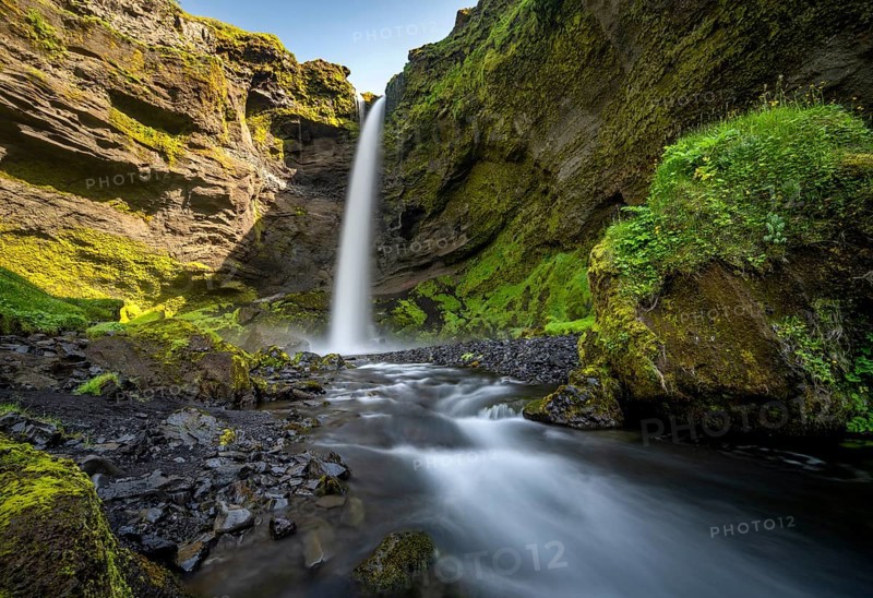 Kvernufoss waterfall, in summer when the weather is fine, gorge and river, long exposure, Skogar, Sudurland, South Iceland, Iceland, Europe