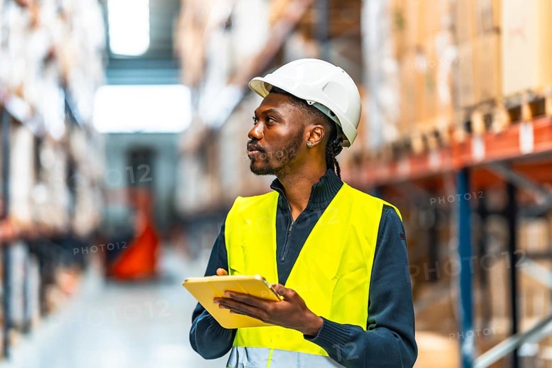 African male warehouse worker taking inventory looking away with digital tablet in logistic warehouse