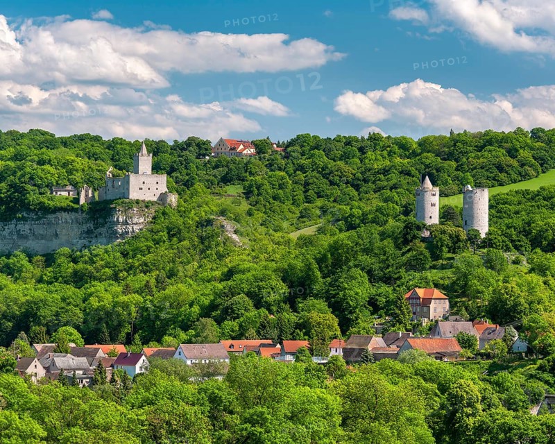 View of Rudelsburg castle ruins, Saaleck castle and Kreipitzsch manor, in the Saale valley, near Bad Kösen, Saxony-Anhalt, Germany, Europe