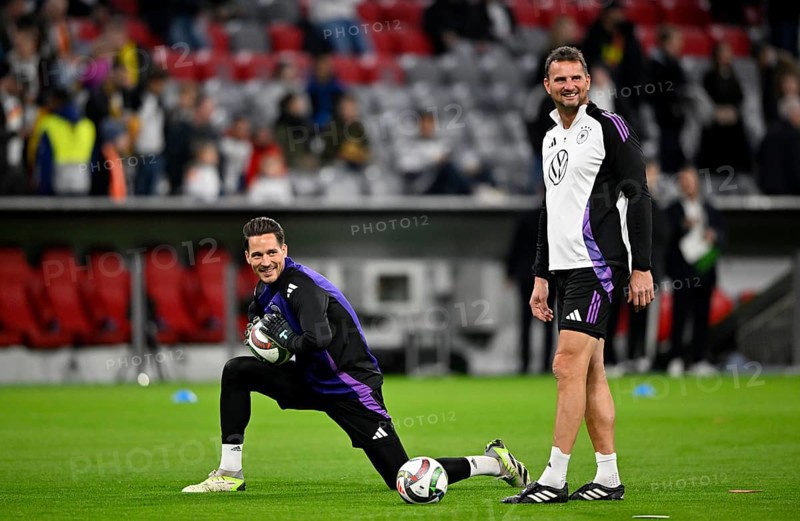 Warm-up, training, goalkeeper Janis Blaswich GER (22) Co-trainer goalkeeping coach Michael Fuchs GER UEFA Nations League international Germany v Netherlands, Allianz Arena, Munich, Bavaria, Germany, Europe