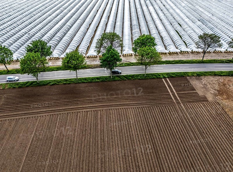 Agriculture, large areas with foil tunnel, for the cultivation of strawberries, freshly cultivated fields, south of Lövenich, belongs to Erkelenz, in the district of Heinsberg
