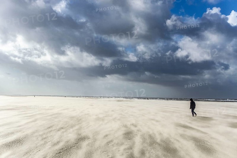 North Sea, Spiekeroog Island, autumn, strong wind drives the sand over the mudflats at low tide, beach walker, west coast of the East Frisian Island, Lower Saxony, Germany, Europe