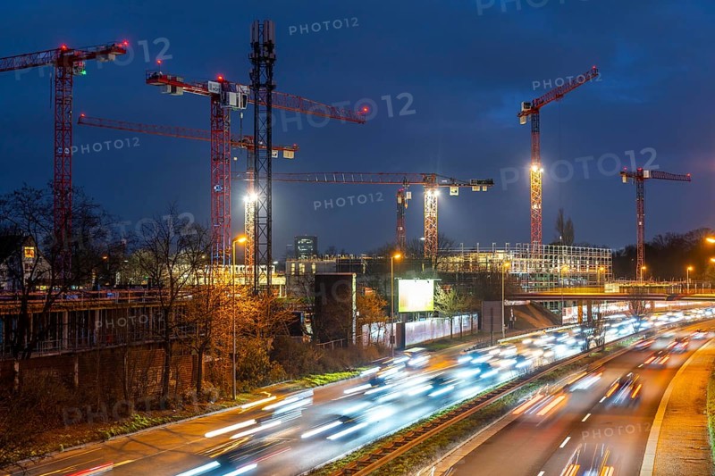 Major construction site in Düsseldorf, on the B8, Danziger Straße, construction of a residential and commercial complex, Deiker Höfe, North Rhine-Westphalia, Germany, Europe