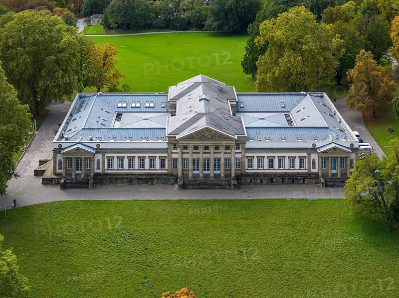 Rosenstein Castle with Natural History Museum, drone photo of Rosenstein Park. Stuttgart, Baden-Württemberg, Germany, Europe
